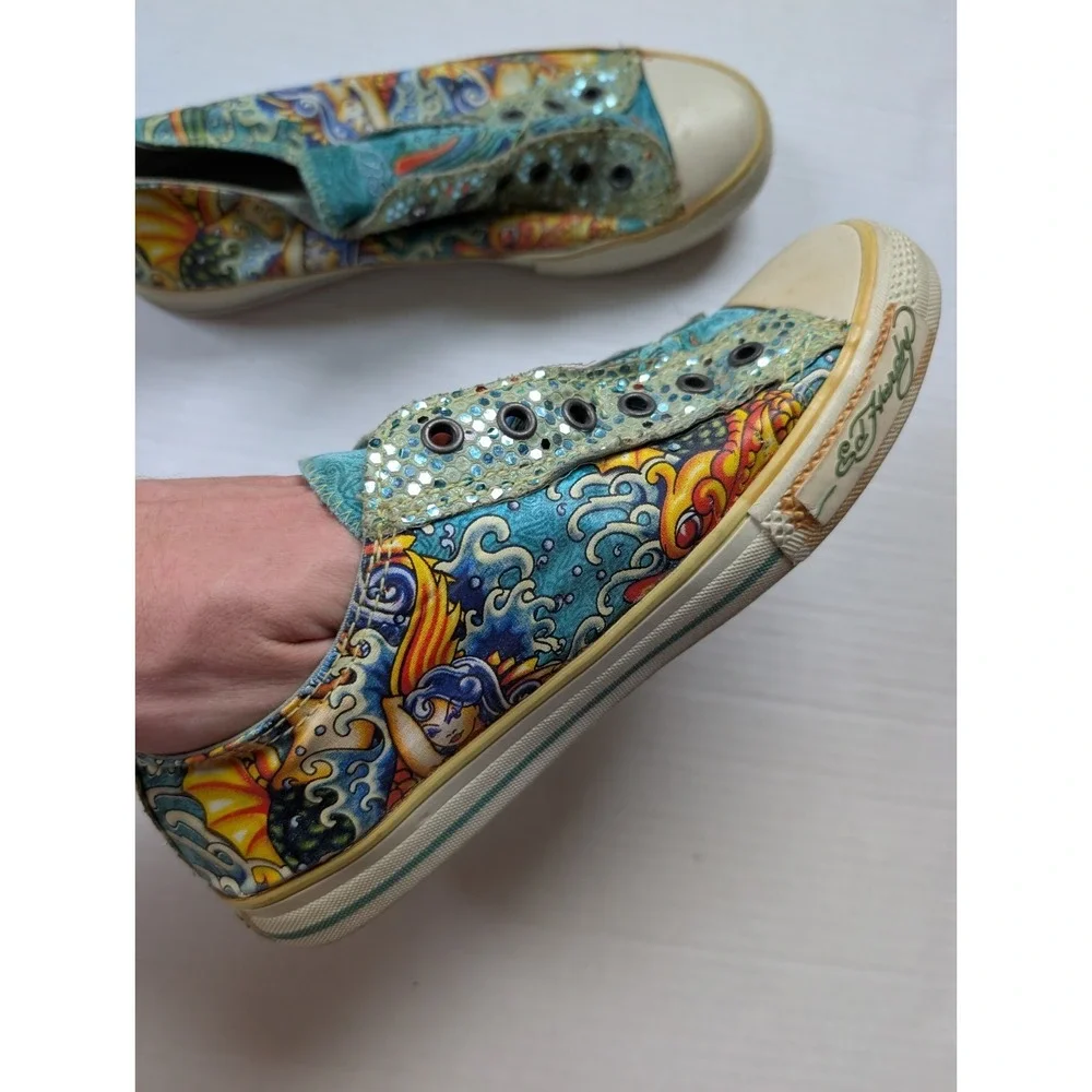 Ed Hardy Womens Size 10 Slip On Shoes Embroidered Glitter Mermaid Y2K Vintage